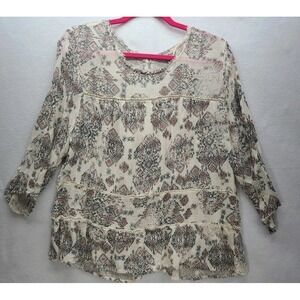 Lucky Brand XL Babydoll Back Button Up Peplum Blouse XL Boho‎ Gauze EUC